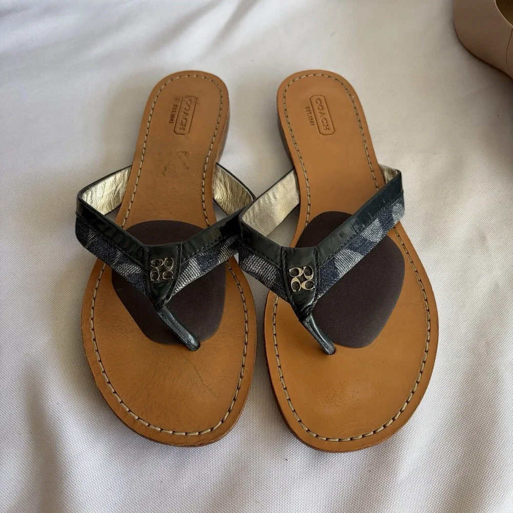 Coach Sydney Sandals Women Size 10 Blue White Signature Logo Flat Flip Flops